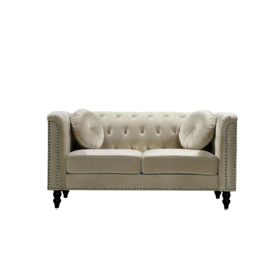 Living Room Furniture * | Vivian 64.17 In. Cream Classic Velvet 2-Seats Chesterfield Loveseat With Nailheads By Us Pride Furniture