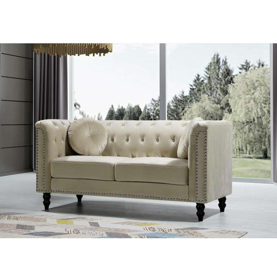 Living Room Furniture * | Vivian 64.17 In. Cream Classic Velvet 2-Seats Chesterfield Loveseat With Nailheads By Us Pride Furniture