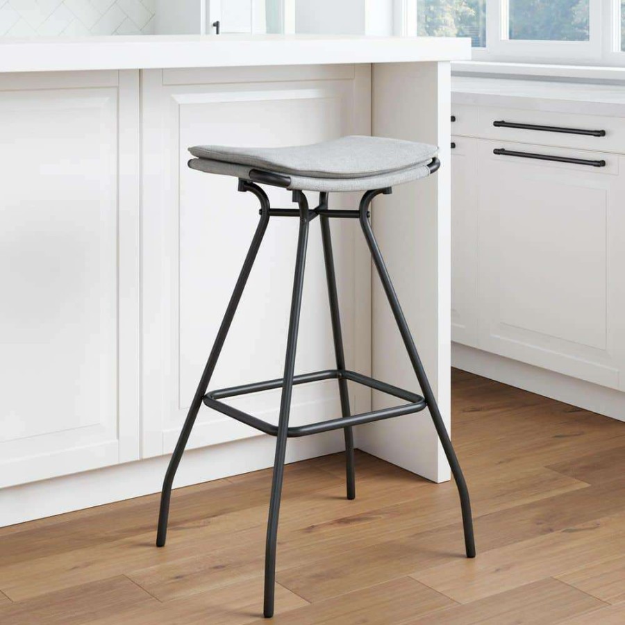 Bar Furniture * | 30 In. Dominique Light Gray Backless Metal Frame Kitchen Bar Stool With Fabric Saddle Seat By Nathan James