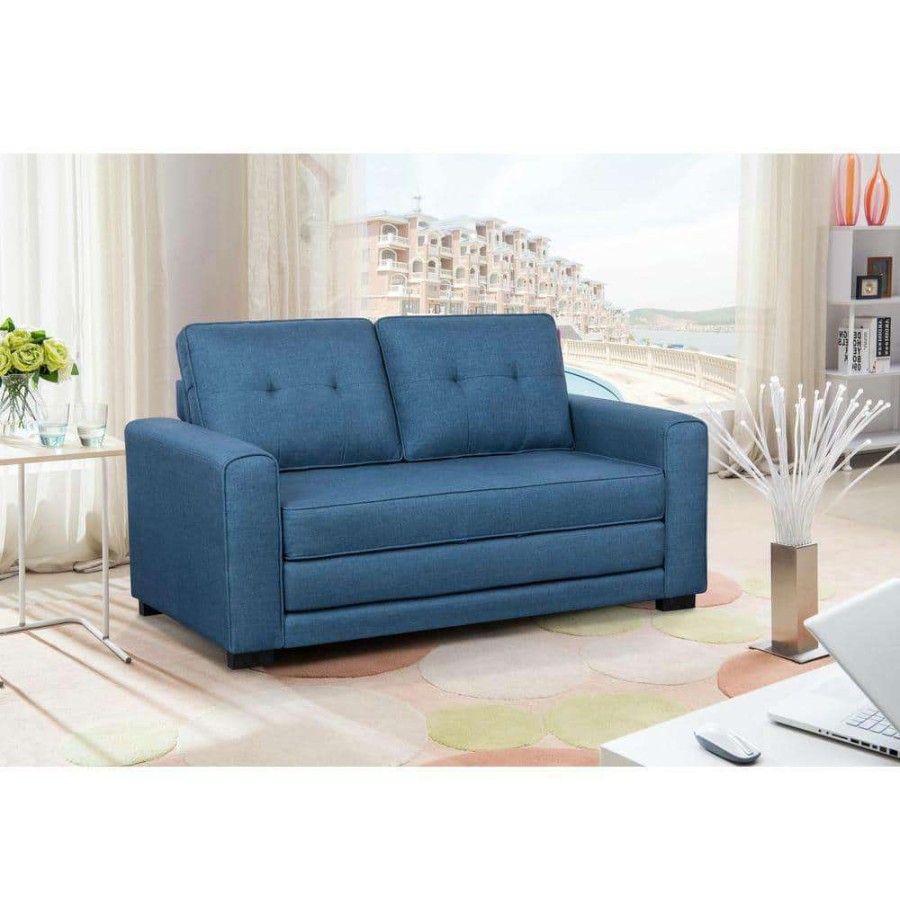 Living Room Furniture * | Bray 58 In. Blue Linen 2-Seater Twin Sleeper Sofa Bed With Removable Cushions By Us Pride Furniture