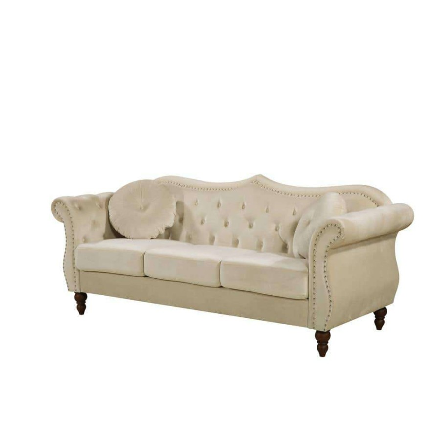 Living Room Furniture * | Bellbrook 79.5 In. W Square Arm Velvet 3-Seats Straight Camelback Sofa With Nailheads In Beige By Us Pride Furniture