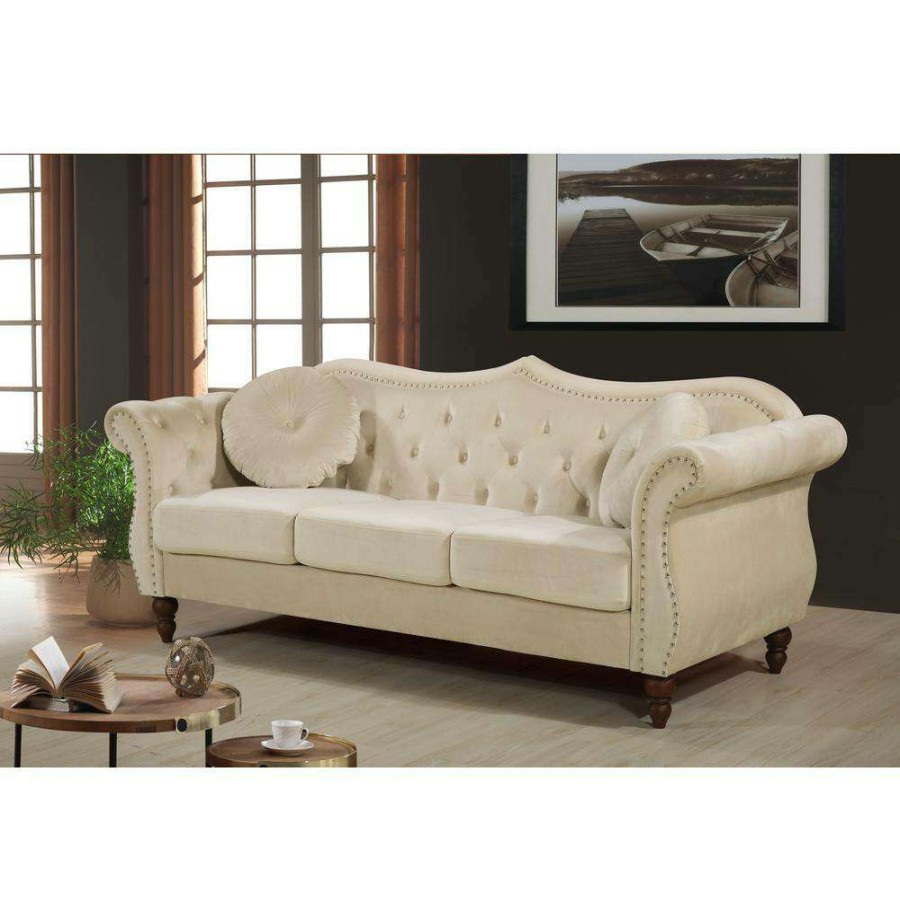 Living Room Furniture * | Bellbrook 79.5 In. W Square Arm Velvet 3-Seats Straight Camelback Sofa With Nailheads In Beige By Us Pride Furniture