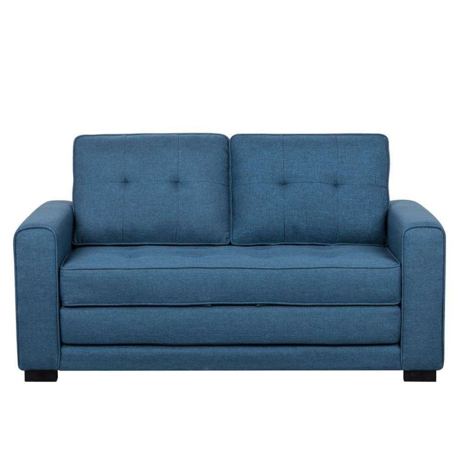 Living Room Furniture * | Bray 58 In. Ocean Blue Linen 2-Seater Twin Sleeper Sofa Bed With Removable Cushions By Us Pride Furniture