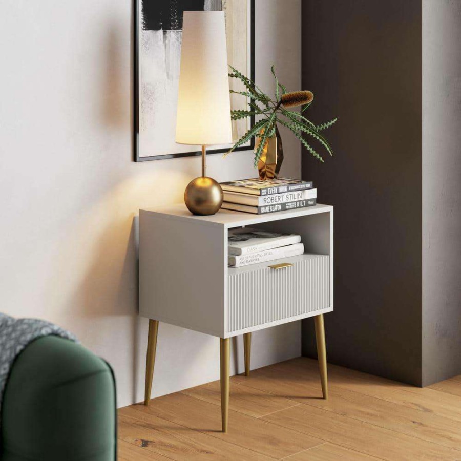 Bedroom Furniture * | Jacklyn 20 In. White Rectangle Wood Modern Nightstand Bedside End Table With Drawer And Shelf, Mid-Century Golden Legs By Nathan James