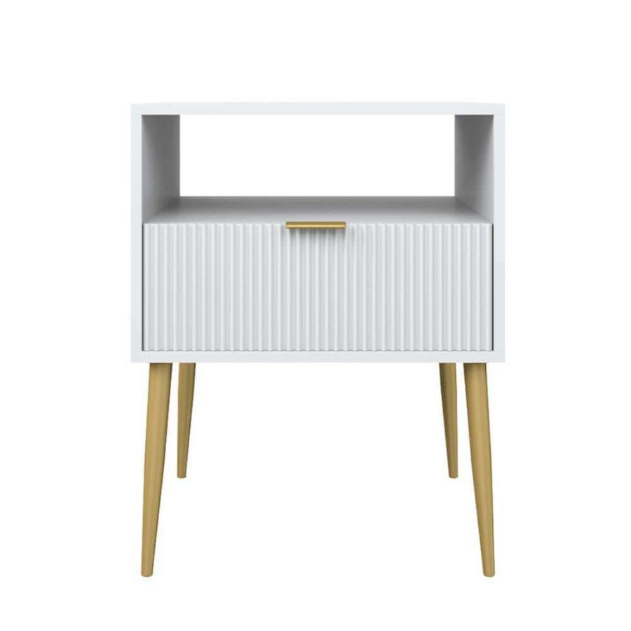 Bedroom Furniture * | Jacklyn 20 In. White Rectangle Wood Modern Nightstand Bedside End Table With Drawer And Shelf, Mid-Century Golden Legs By Nathan James