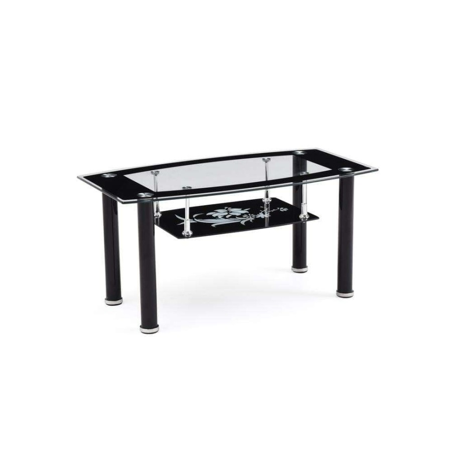 Living Room Furniture * | 36 In. Black Medium Rectangle Glass Coffee Table With Shelf By Hodedah