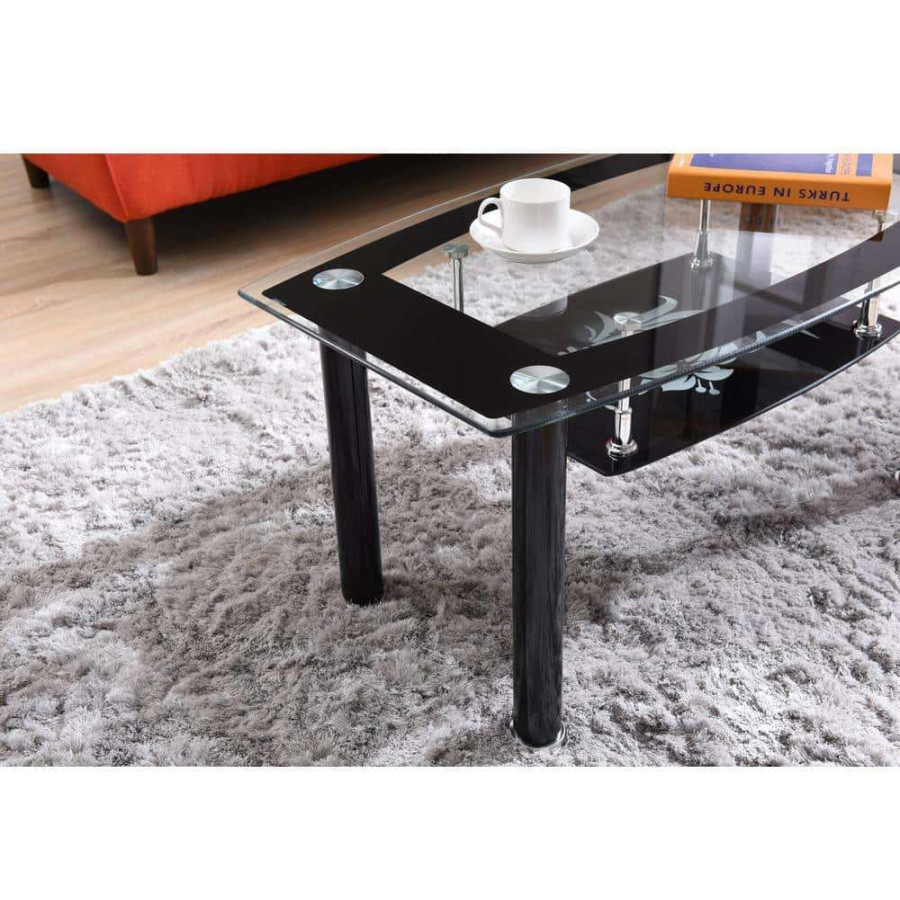 Living Room Furniture * | 36 In. Black Medium Rectangle Glass Coffee Table With Shelf By Hodedah