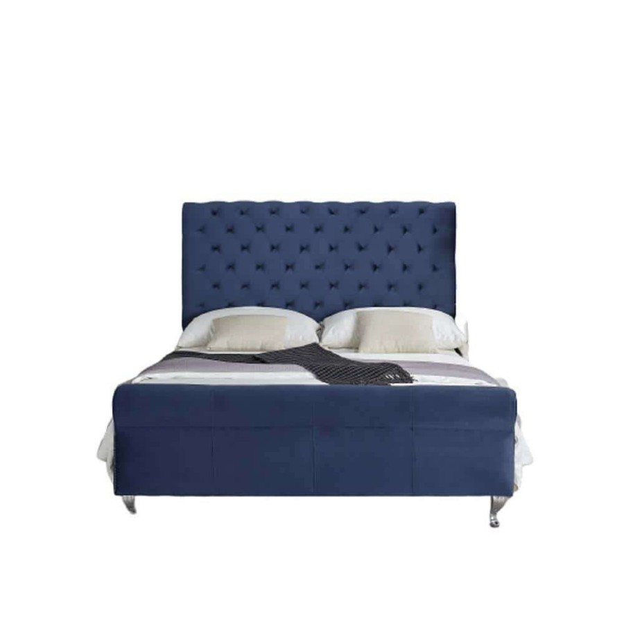 Bedroom Furniture * | Lollory Dark Blue Eastern King Upholstered Platform Bed By Us Pride Furniture