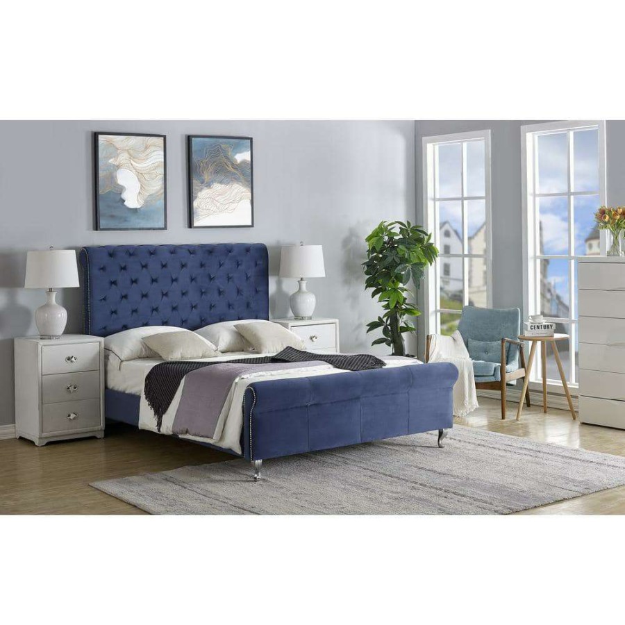 Bedroom Furniture * | Lollory Dark Blue Eastern King Upholstered Platform Bed By Us Pride Furniture