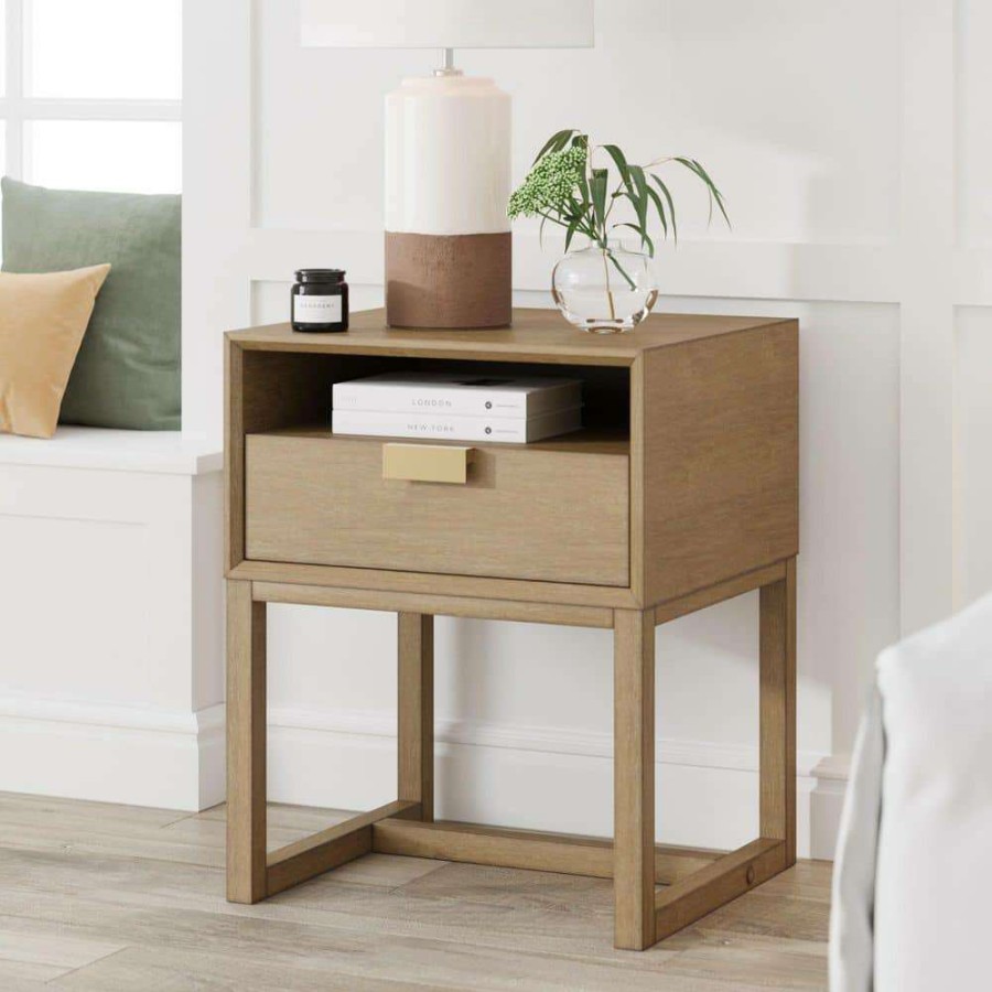 Living Room Furniture * | Luke Wood 16 Light Brown Wooden Nightstand Bed Side Table, Side Sofa Or End Table With Storage Drawer And Open Cubby By Nathan James