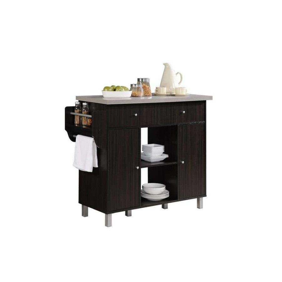 Kitchen & Dining Room Furniture * | Kitchen Island Chocolate Grey With Spice Rack And Towel Holder By Hodedah