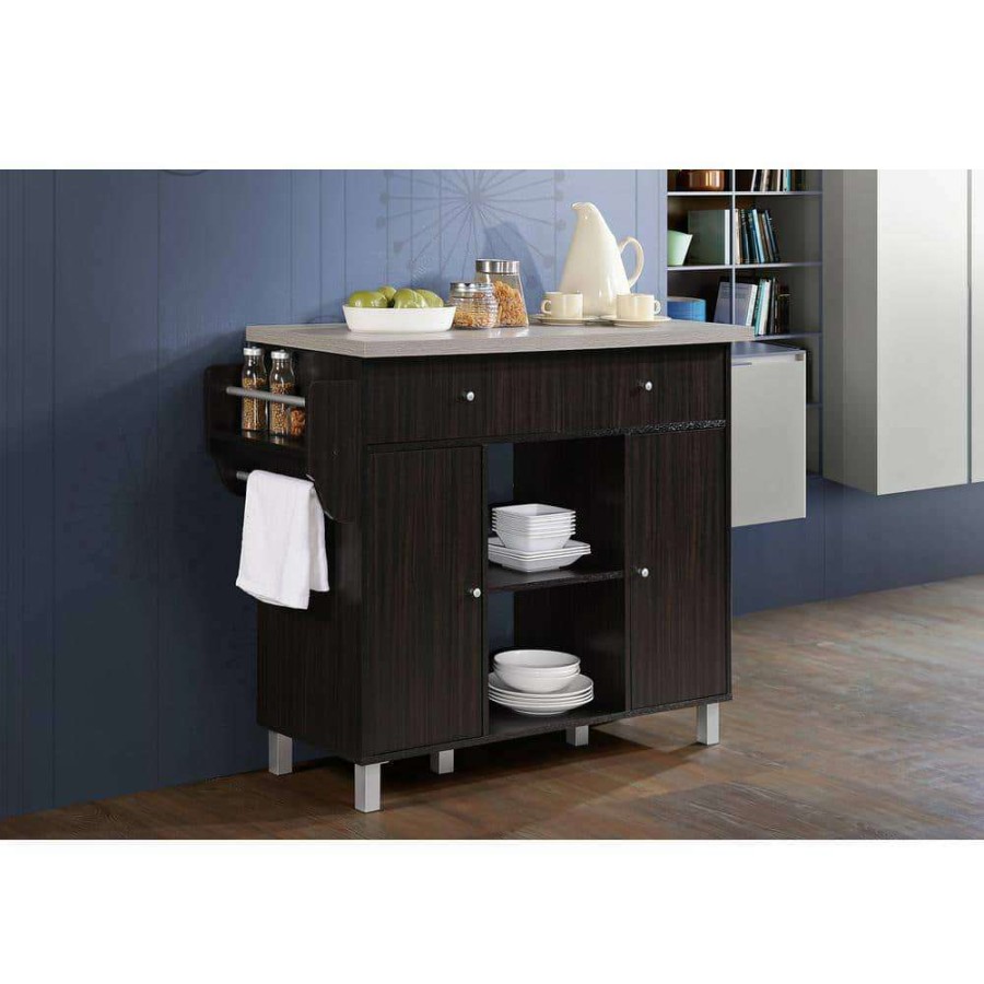 Kitchen & Dining Room Furniture * | Kitchen Island Chocolate Grey With Spice Rack And Towel Holder By Hodedah