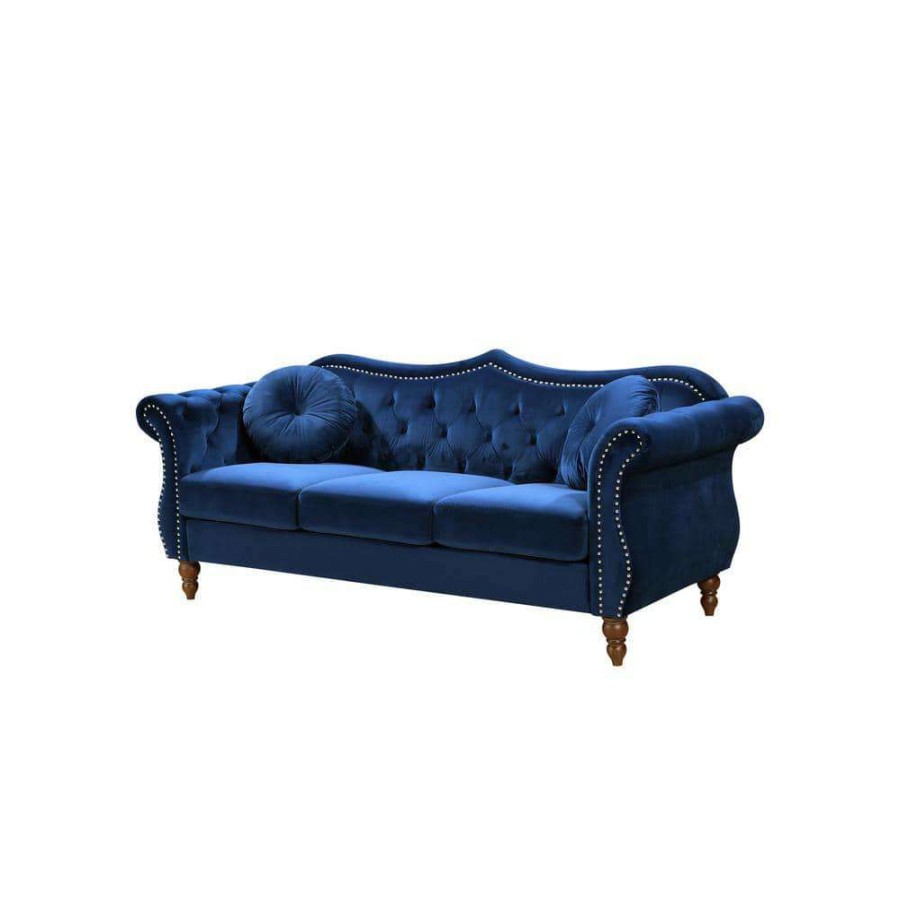 Living Room Furniture * | Bellbrook 79.5 In. Blue Velvet 3-Seater Camelback Sofa With Nailheads By Us Pride Furniture