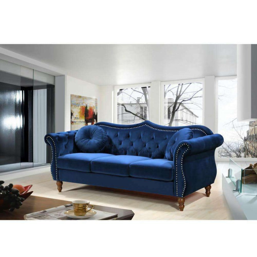 Living Room Furniture * | Bellbrook 79.5 In. Blue Velvet 3-Seater Camelback Sofa With Nailheads By Us Pride Furniture