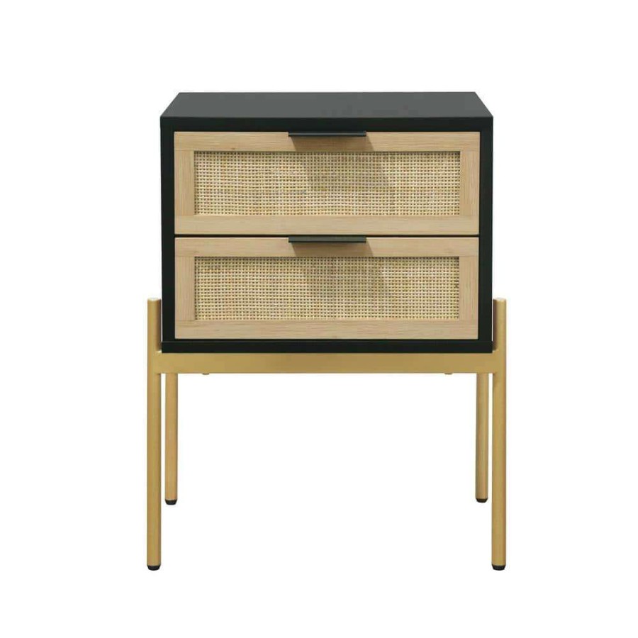 Living Room Furniture * | Andrew 19 In. W Black Rattan End Or Side Table With Storage Doors And Gold Accents For Bedroom Or Living Room By Nathan James